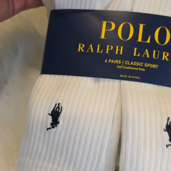 NWT Ralph Lauren White Crew Socks with NAVY BLUE Pony Accent - Picture 2 of 6